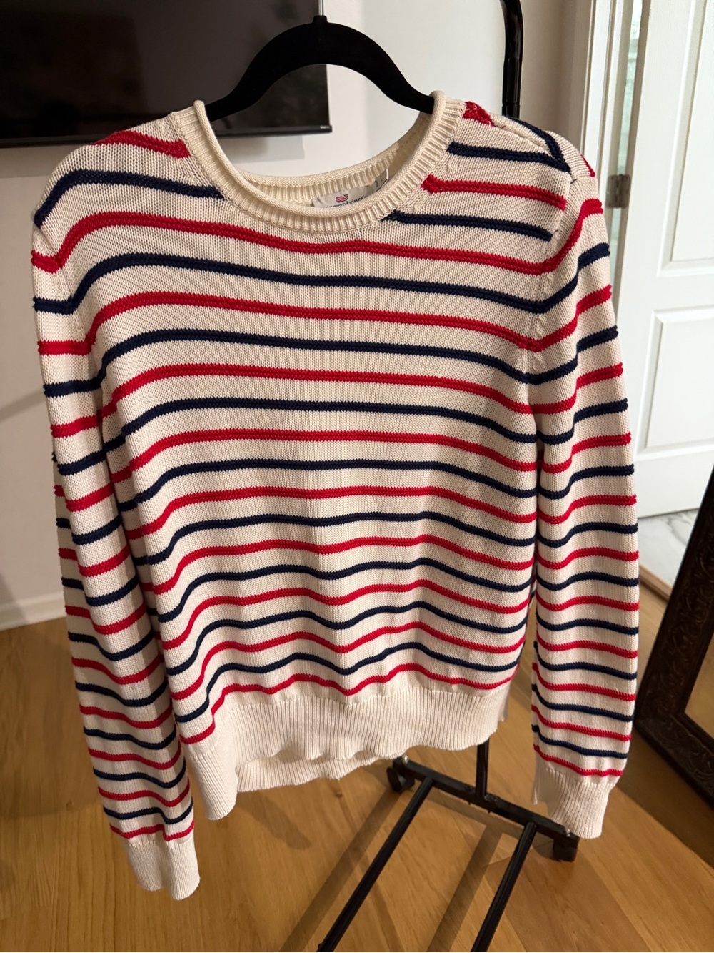 Vineyard Vines Cream Crewneck Sweater with Red & Navy Stripes 100% Cotton W Lg
